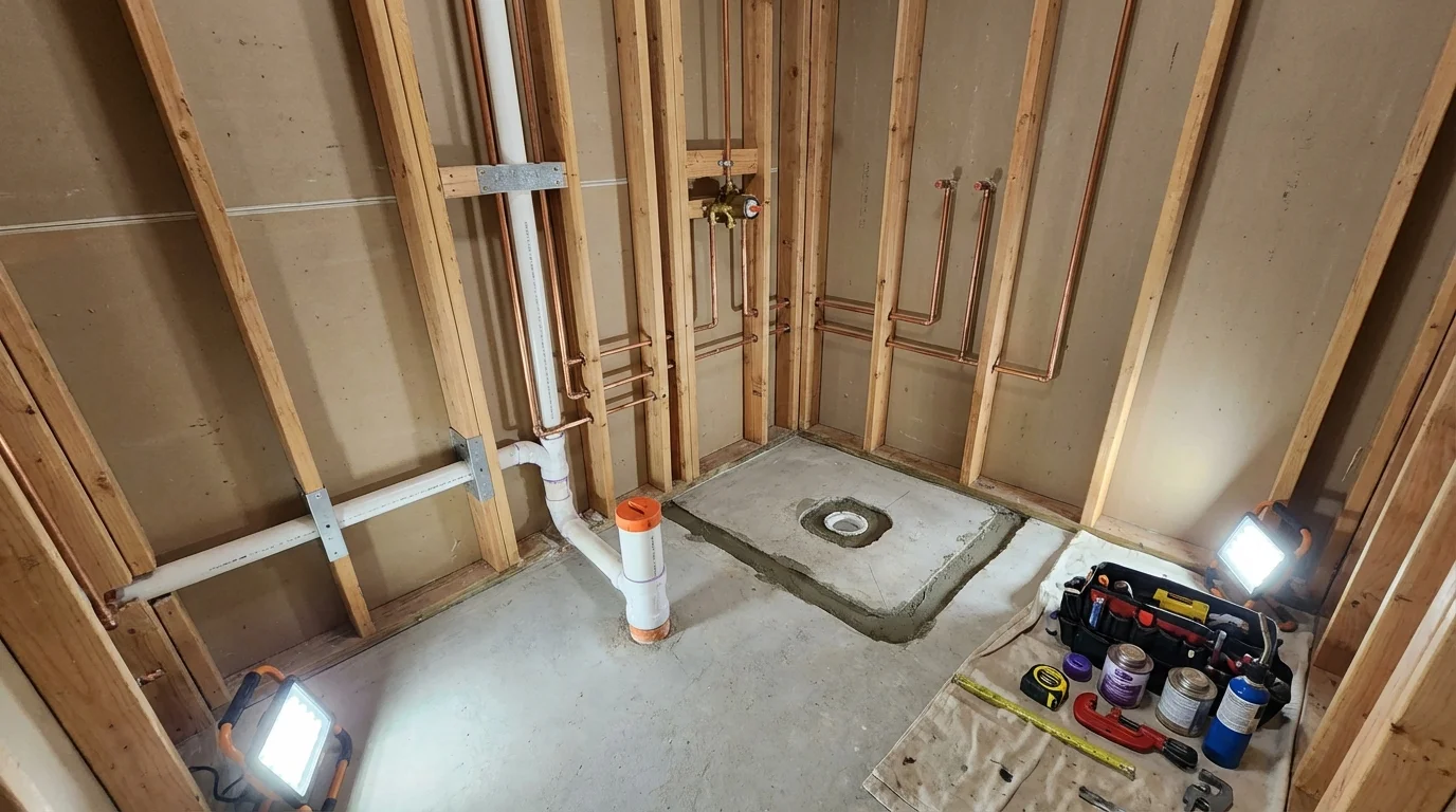 Bathroom rough-in plumbing during remodel by Johns Plumbing LLC in Middletown