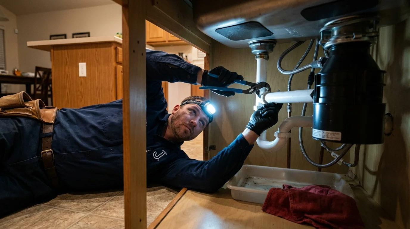 P-trap and supply line connections under a kitchen sink showing a common leak point in Middletown, CT